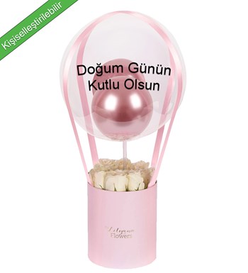 Balonlu Pembe Kutuda Beyaz Gül