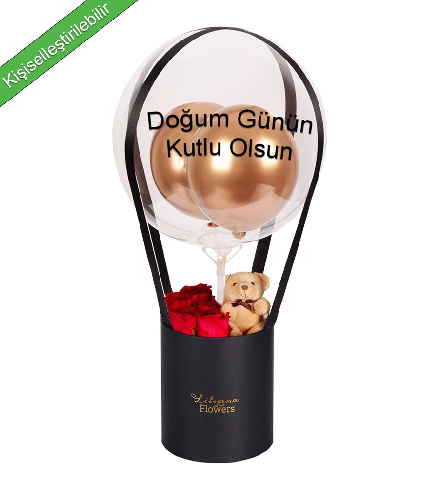 Balonlu Ayıcıklı Siyah Kutuda Kırmızı Gül