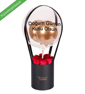 Balonlu Siyah Kutuda Kırmızı Gül