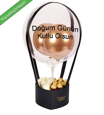 Balonlu Kalpli Rocherli Kutuda Beyaz Gül