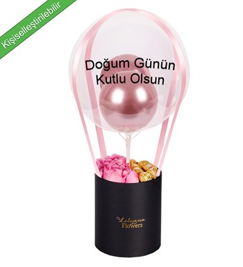 Balonlu Rocherli Siyah Kutuda Pembe Gül
