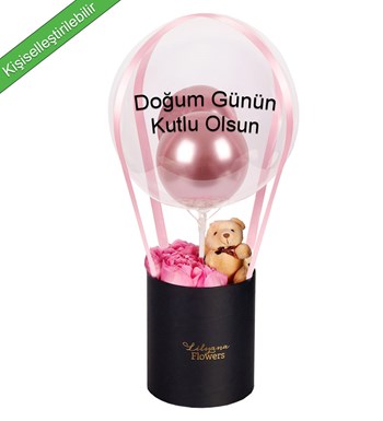 Balonlu Ayıcıklı Siyah Kutuda Pembe Gül