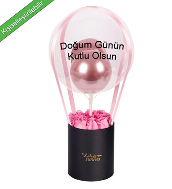Balonlu Siyah Kutuda Pembe Gül