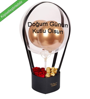 Balonlu Kalpli Rocherli Kutuda Kırmızı Gül