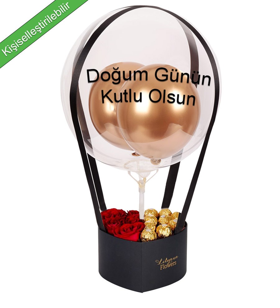 Balonlu Kalpli Rocherli Kutuda Kırmızı Gül