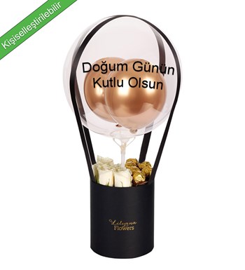 Balonlu Rocherli Siyah Kutuda Beyaz Gül
