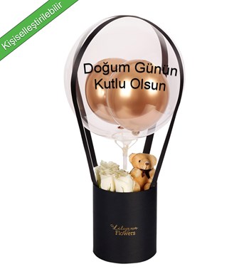 Balonlu Ayıcıklı Siyah Kutuda Beyaz Gül
