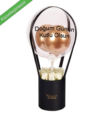 Balonlu Siyah Kutuda Beyaz Gül