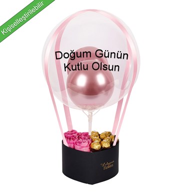 Balonlu Kalpli Rocherli Kutuda Pembe Gül