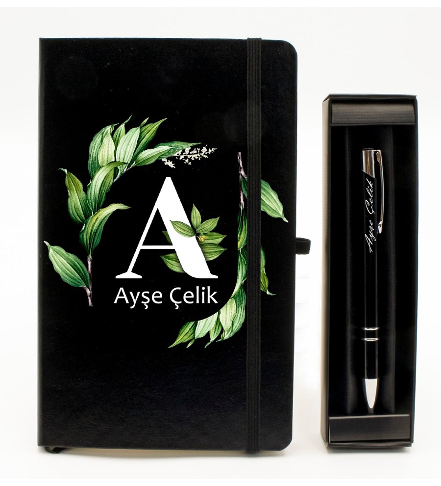Kişiye Özel Siyah Defter & Kişiye Özel Siyah Tükenmez Kalem Hediye Seti