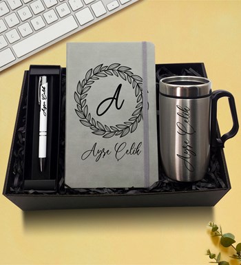 Kişiye Özel Çelik Bardak Termos & Defter & Kalem Hediye Seti (Gri)