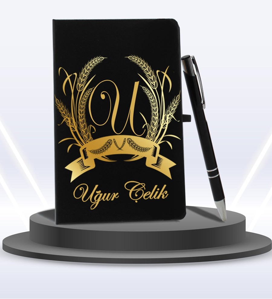 Kişiye Özel Ajanda Defter & Roller Kalem Hediye Seti (Gold)