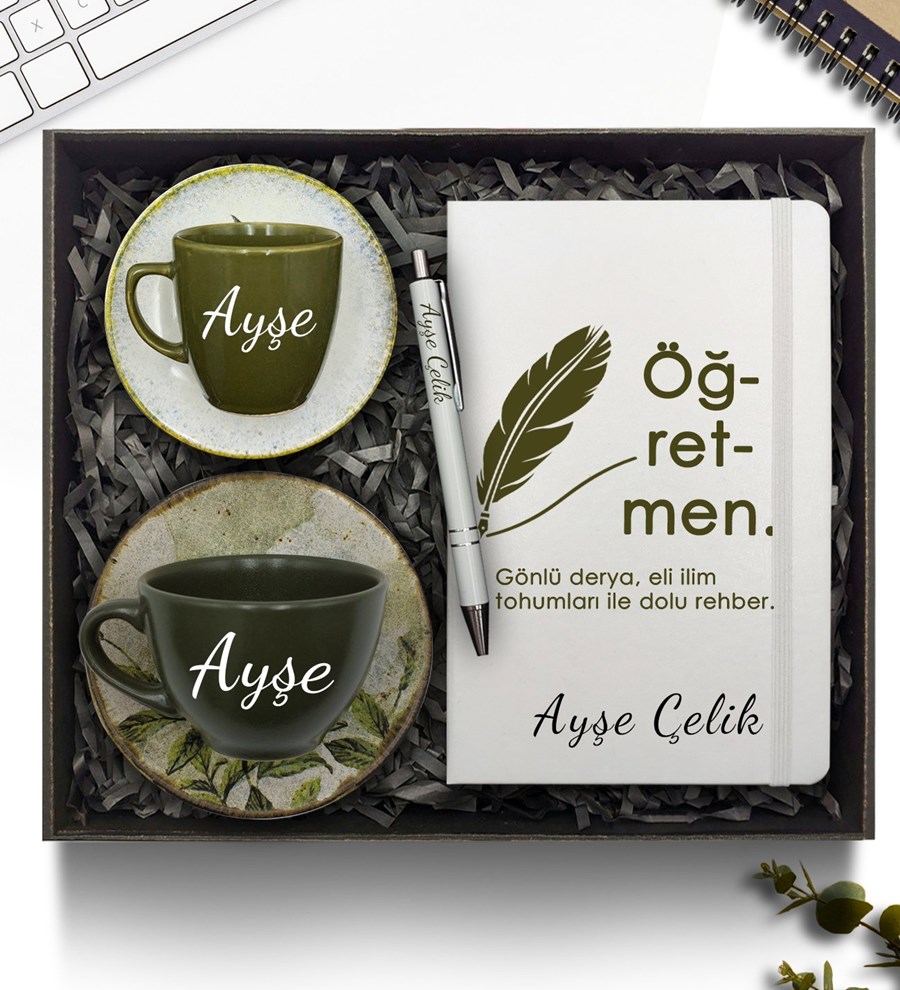 Öğretmenler Günü Temalı Kişiye Özel Kişiye Özel Defter & Fincan & Kalem & Çay Fincanı Hediye Seti