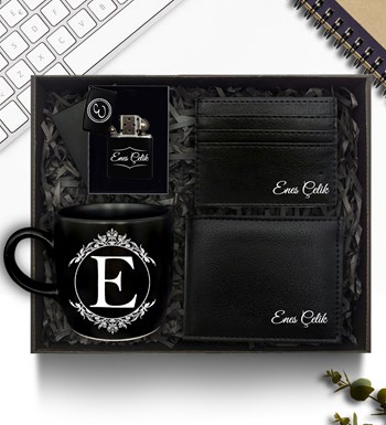 Kişiye Özel Siyah Kupa & Zippo Tarzı Çakmak & Cüzdan & Kartlık & Hediye Seti