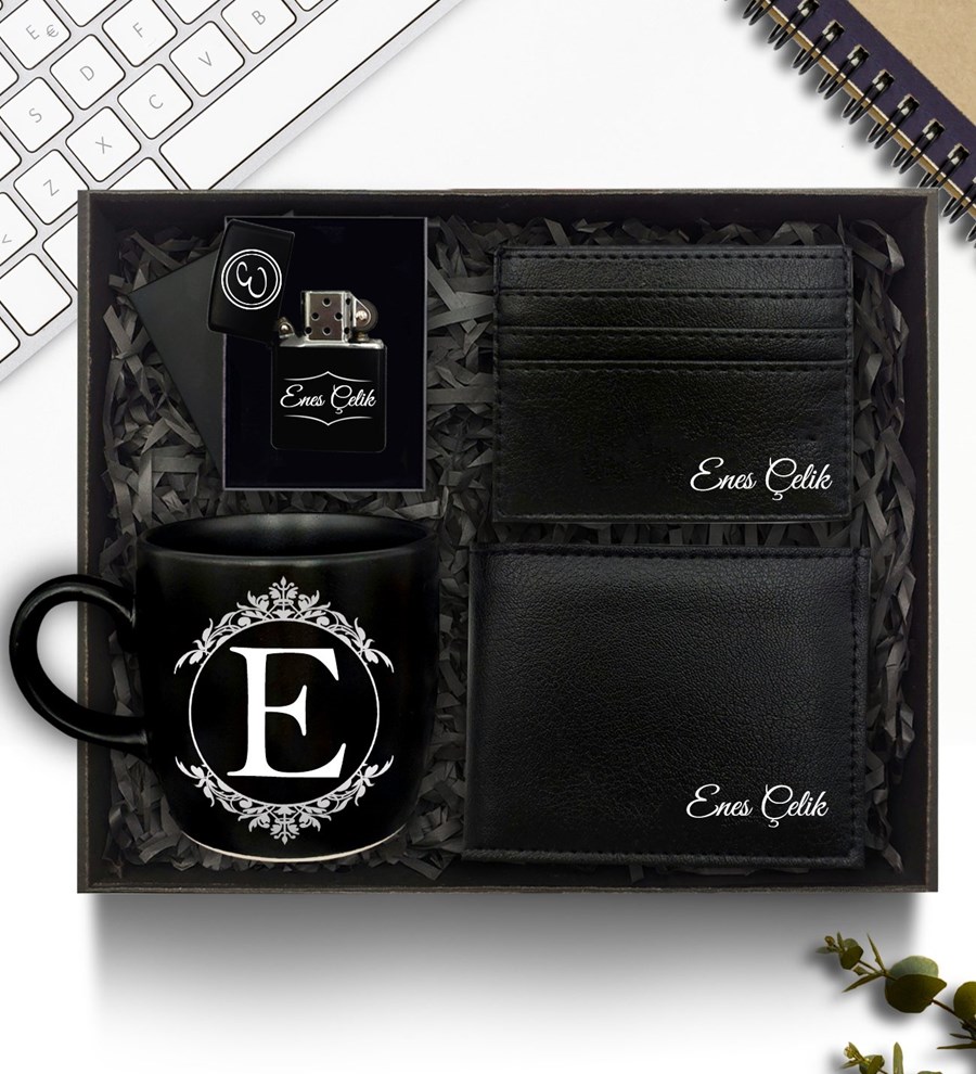 Kişiye Özel Siyah Kupa & Zippo Tarzı Çakmak & Cüzdan & Kartlık & Hediye Seti