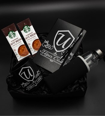 Kişiye Özel Siyah Ajanda Defter & Siyah Kupa & Roller Kalem & Cam Suluk & Starbucks Caffe Mocha Hediye Seti