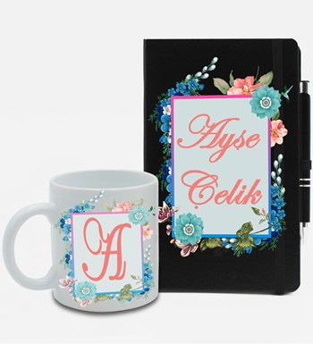 Kişiye Özel Siyah Ajanda Defter & Beyaz Kupa & Roller Kalem Hediye Seti