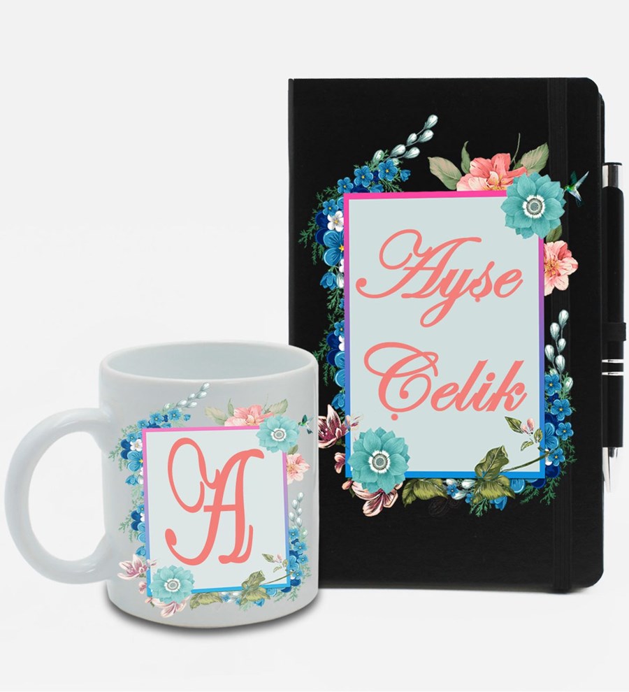 Kişiye Özel Siyah Ajanda Defter & Beyaz Kupa & Roller Kalem Hediye Seti
