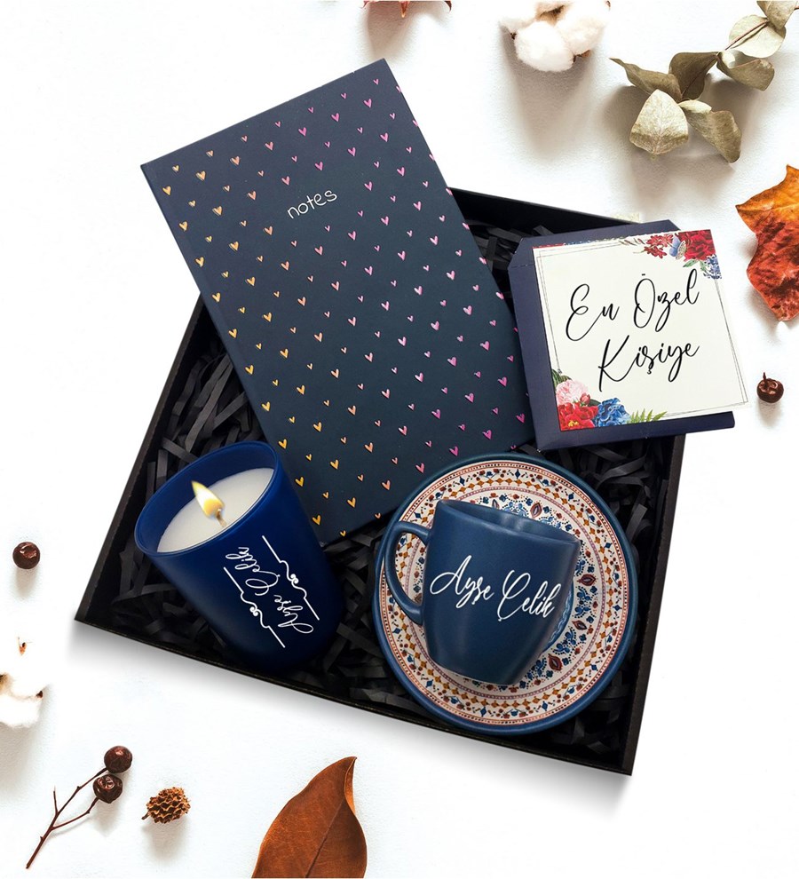 Kişiye Özel Mavi Fincan & Tasarımlı Defter & Bardak Mum Hediye Seti