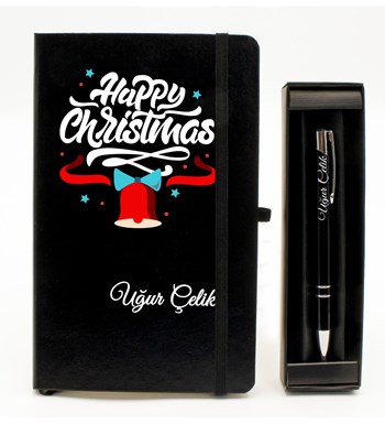Kişiye Özel Yılbaşı Temalı Siyah Defter & Siyah Roller Kalem
