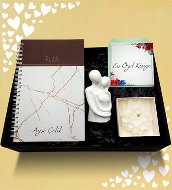 Kişiye Özel Telli Defter & Dekoratif Biblo & Çiçek Temalı Mum Hediye Seti