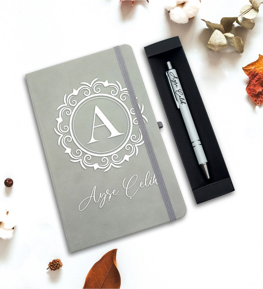 Kişiye Özel Defter & Kalem Hediye Seti (Gri)
