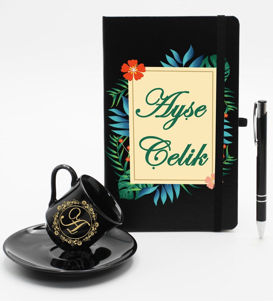 Kişiye Özel Ajanda Defter & Siyah Fincan & Roller Kalem Hediye Seti