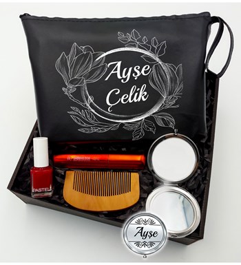 Kişiye Özel Siyah Makyaj Çantası & Makyaj Aynası & Pastel Maskara & Pastel Oje & Tarak