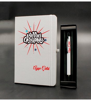 Kişiye Özel Yılbaşı Temalı Beyaz Defter & Beyaz Roller Kalem