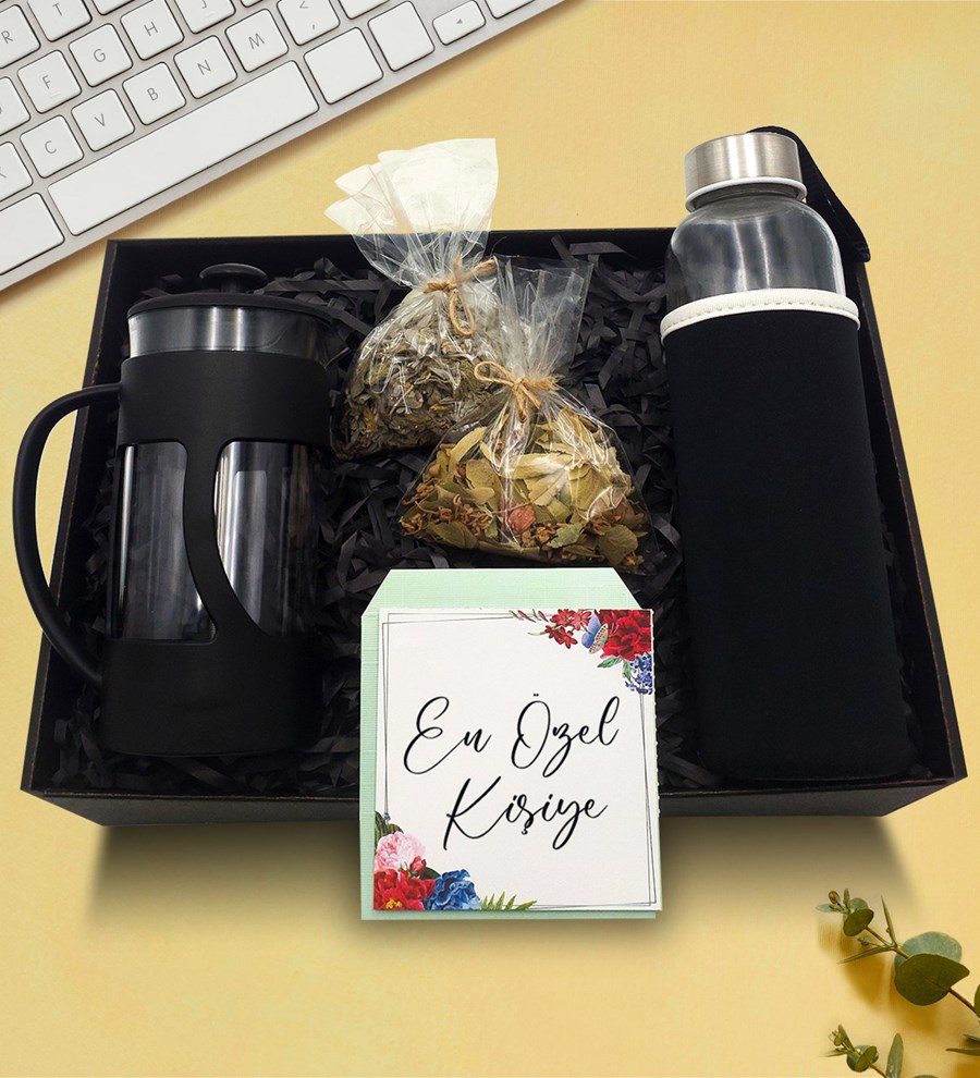 French Press & Kılıflı Cam Suluk & Ihlamur & Ada Çayı Hediye Seti