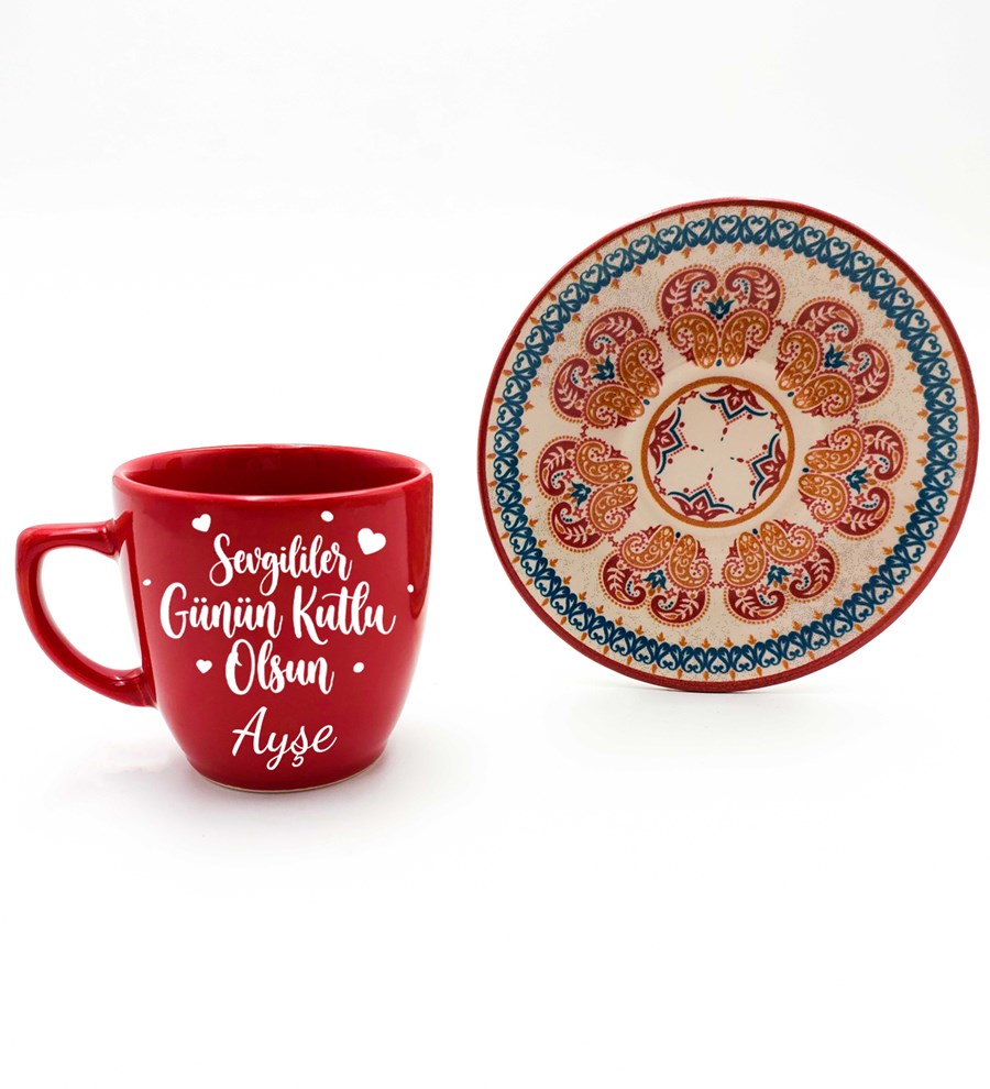 Sevgililer Günü Temalı Kişiye Özel Kırmızı Defter & Kırmızı Fincan & Kırmızı Kupa & Beyaz Kalem Hediye Seti