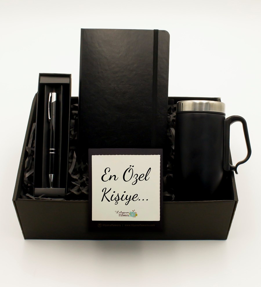 Siyah Defter & Siyah Bardak Termos & Siyah Roller Kalem Hediye Seti
