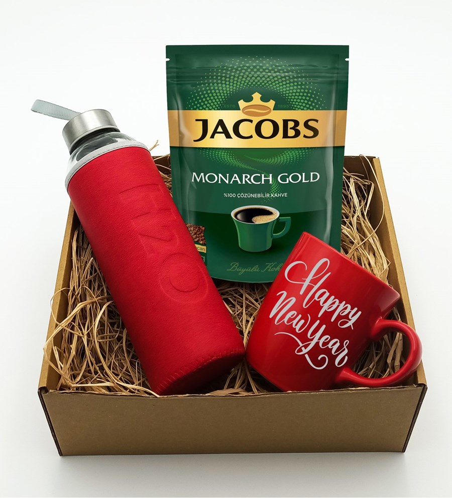 Yılbaşına Özel  Happy New Year Temalı Kırmızı Kupa & H2O Kılıflı Cam Suluk & Jacobs Monarch Gold Kahve Hediye Seti (Model 1)