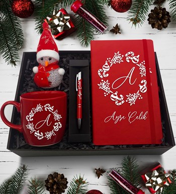 Yılbaşı Temalı Kırmızı Defter & Kardan Adam & Kırmızı Kupa & Kırmızı Kalem Hediye Seti