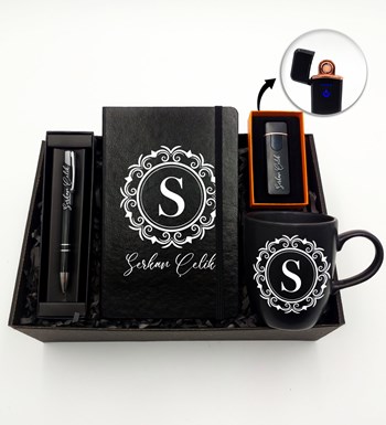 Kişiye Özel Elektronik Dokunmatik Alevsiz Şarjlı Çakmak & Siyah Defter & Siyah Kupa & Siyah Kalem Hediye Seti