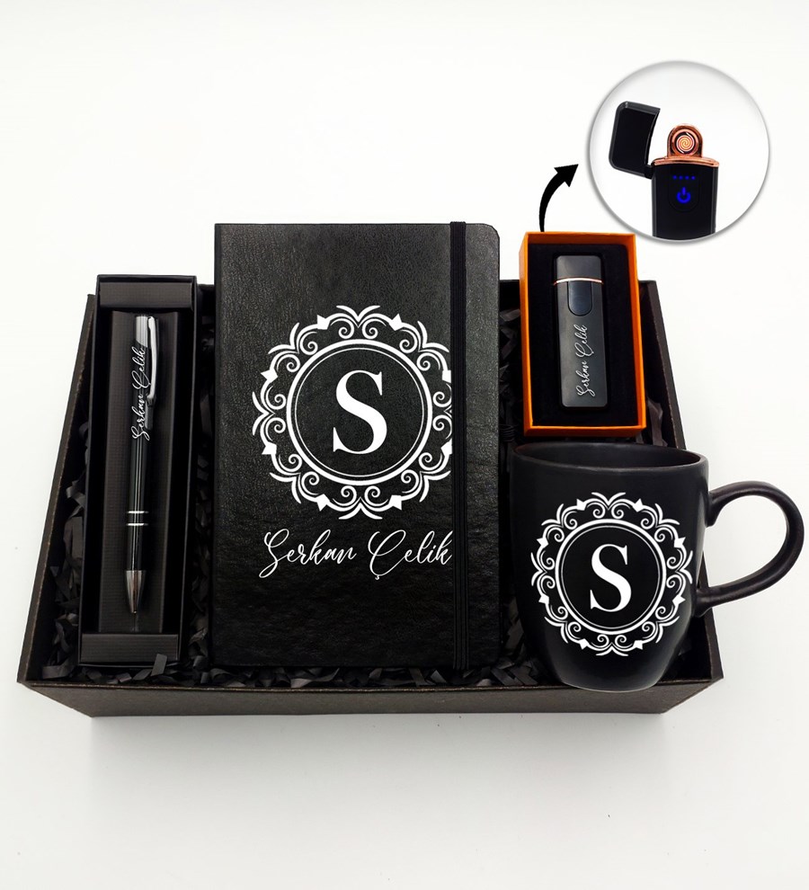 Kişiye Özel Elektronik Dokunmatik Alevsiz Şarjlı Çakmak & Siyah Defter & Siyah Kupa & Siyah Kalem Hediye Seti