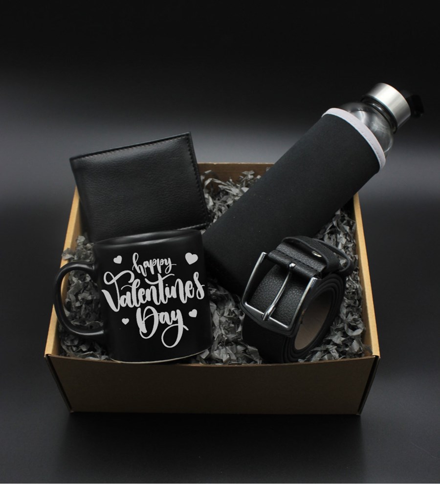 Sevgililer Gününe Özel H2O Kılıflı Cam Suluk & Happy Valentines Day Gümüş Baskılı Siyah Kupa & Cüzdan& Kemer Hediye Seti