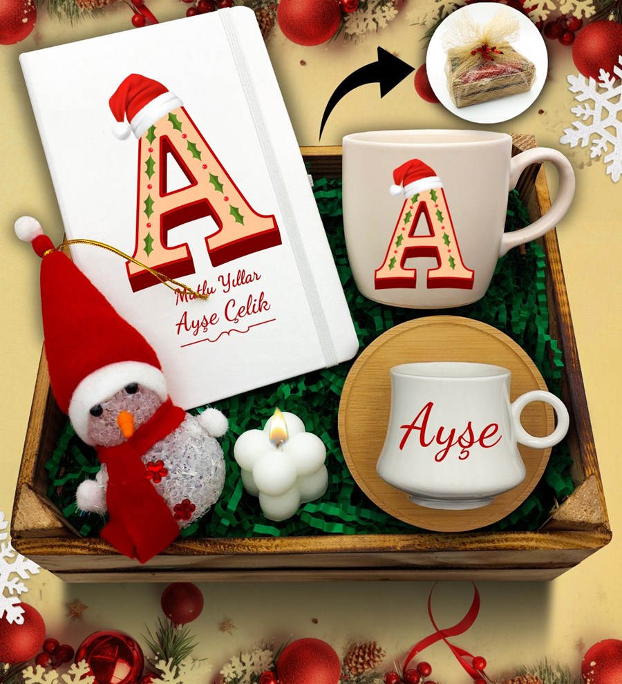 Kasa İçerisinde Kişiye Özel Beyaz Defter & Beyaz Kupa & Beyaz Fincan & Kardan Adam & Bubble Mum Hediye Seti