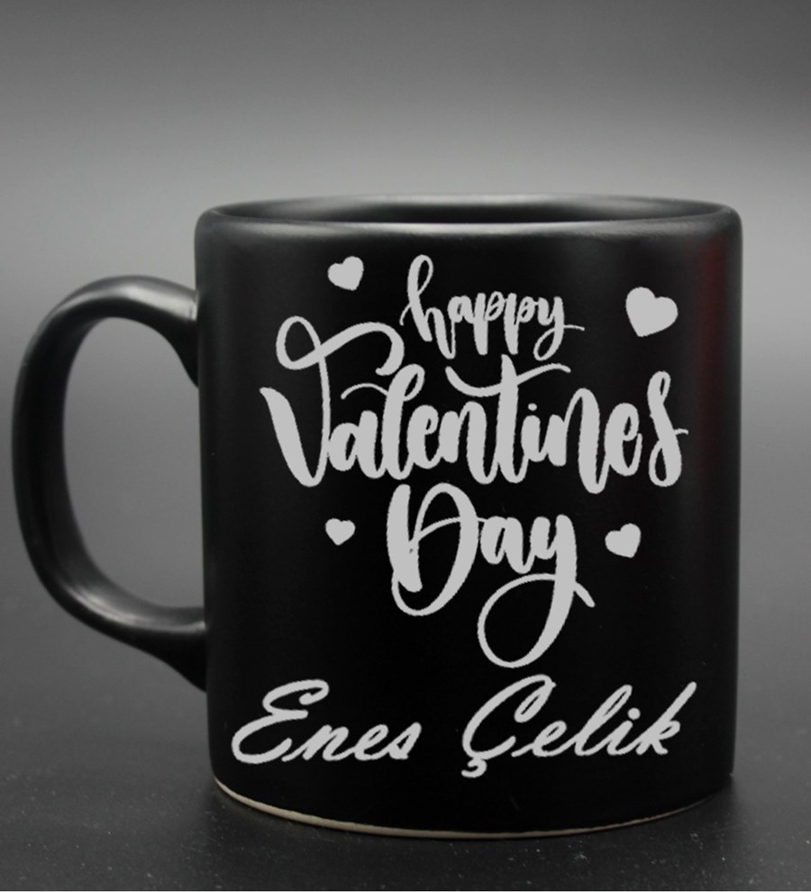 Sevgililer Gününe Özel Gold & Gümüş Happy Valentines Day İsimli Kişiye Özel Siyah Kupa (Model 1)
