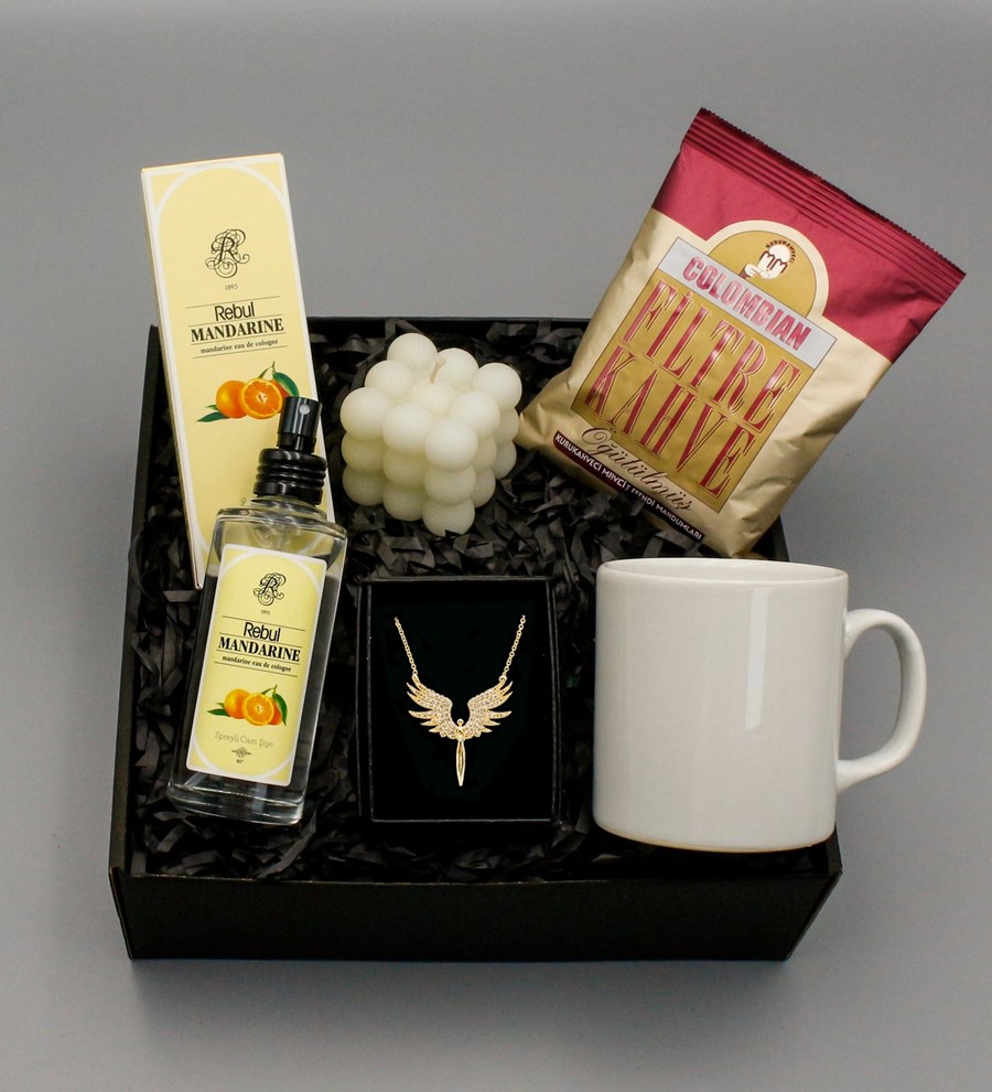 Beyaz Kupa &  Altın Kaplama Mikail Melek Kolye &  Bubble Mum & Rebul Kolonya & Colombian Filtre Kahve Hediye Seti