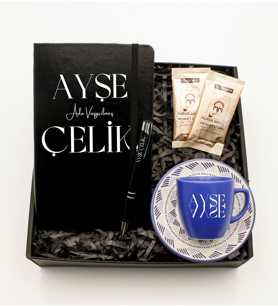Kişiye Özel Siyah Defter &Kişiye Özel  Desenli Mavi Fincan &Kişiye Özel  Siyah Roller Kalem & Mehmet Efendi Türk Kahvesi Hediye Seti
