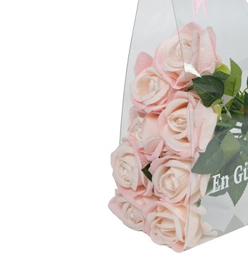 Kişiye Özel Şeffaf Çantada Yapay Pembe Güller