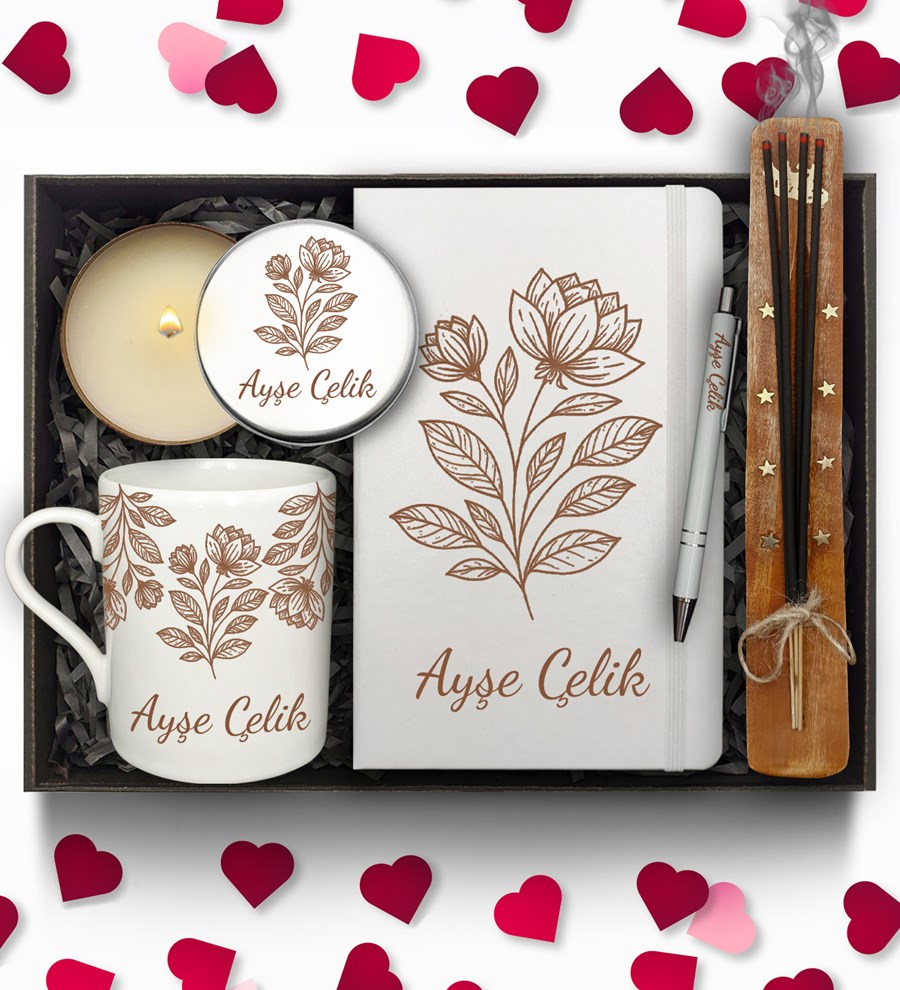 Sevgililer Günü Temalı Kişiye Özel Beyaz Defter & Beyaz Kupa & Metal Mum & Kalem & Çubuk Tütsü Hediye Seti
