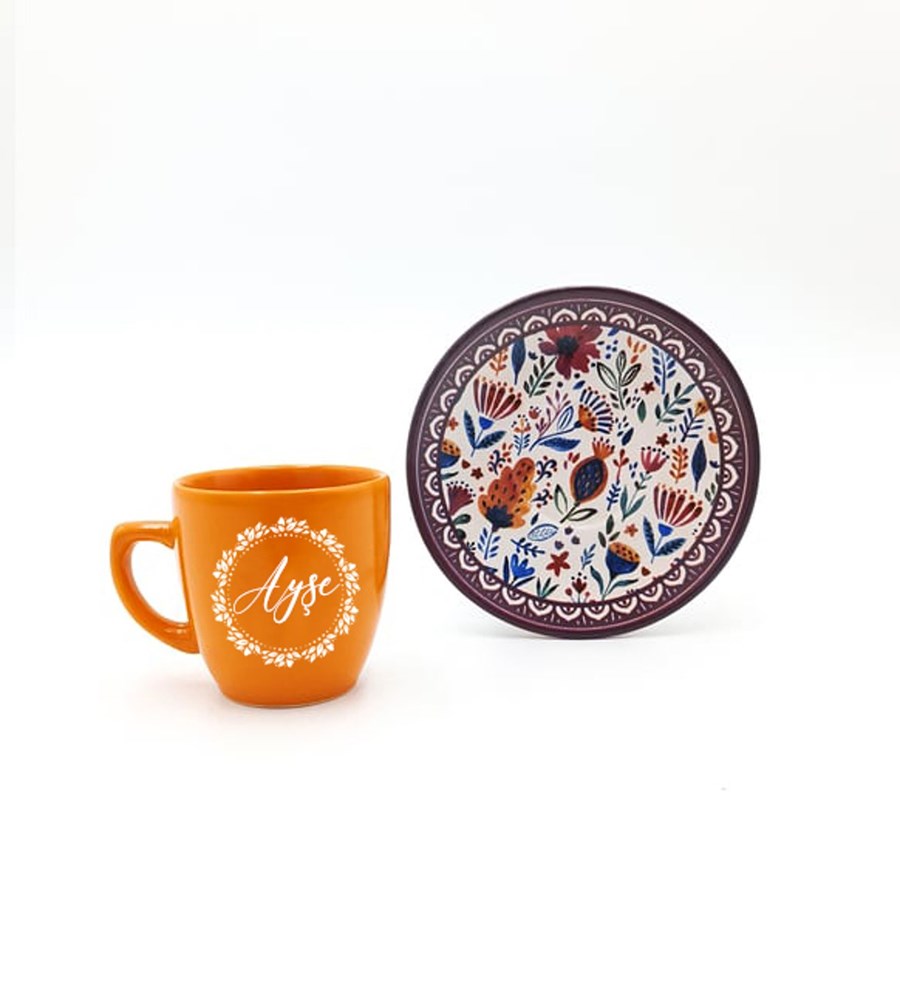  Kişiye Özel Turuncu Fincan & Anahtarlık & Kolye & Seni Seviyorum Yazılı Mum Hediye Seti