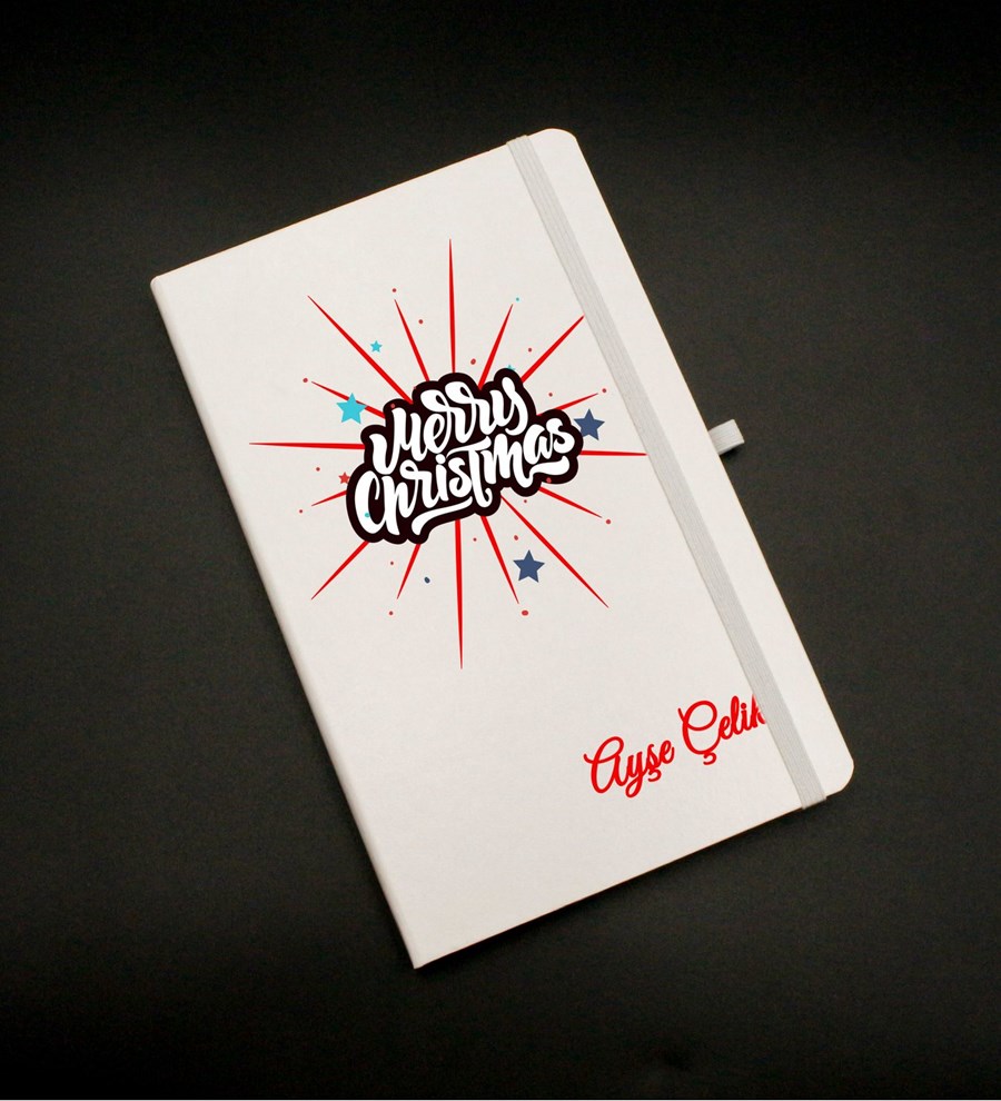 Kişiye Özel Yılbaşı Temalı Beyaz Defter & Beyaz Roller Kalem