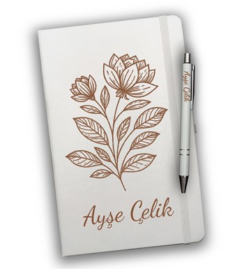 Lilyana Flowers - Sevgililer Günü Temalı Kişiye Özel Beyaz Defter & Beyaz Kupa & Metal Mum & Kalem & Çubuk Tütsü Hediye Seti