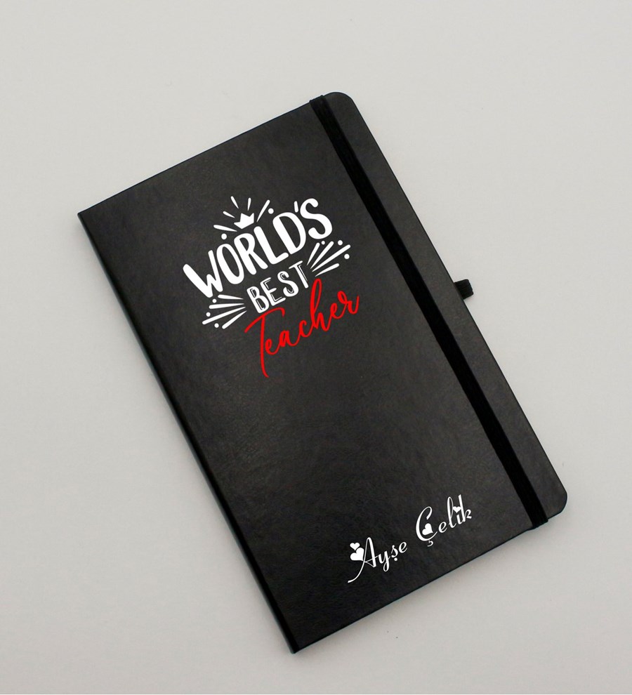 World Best Teacher Tasarımlı Kişiye Özel Siyah Defter & Beyaz Kupa & Melek Kolye & Beyaz Roller Kalem & Bubble Mum Hediye Seti