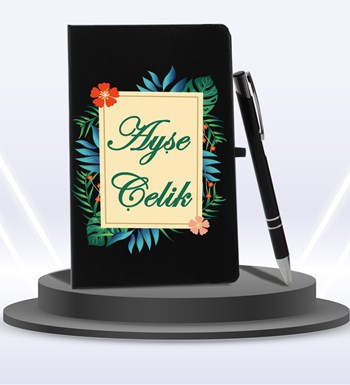 Kişiye Özel Ajanda Defter & Siyah Fincan & Roller Kalem Hediye Seti