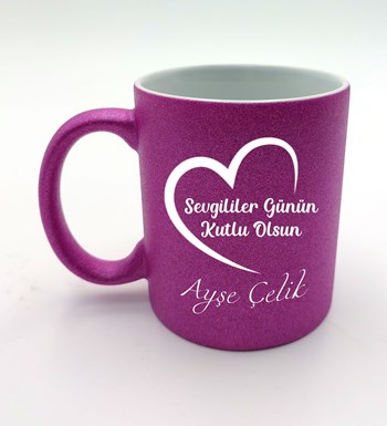 Sevgililer Günü Temalı Kişiye Özel Pembe Simli Kupa & Makyaj Aynası & Kar Küresi & Kesede Mini Sabun & Bubble Mum Hediye Seti