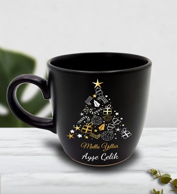 Mini Kasa İçerisinde Çam Ağacı Mum & Kişiye Özel Siyah Kupa Hediye Seti